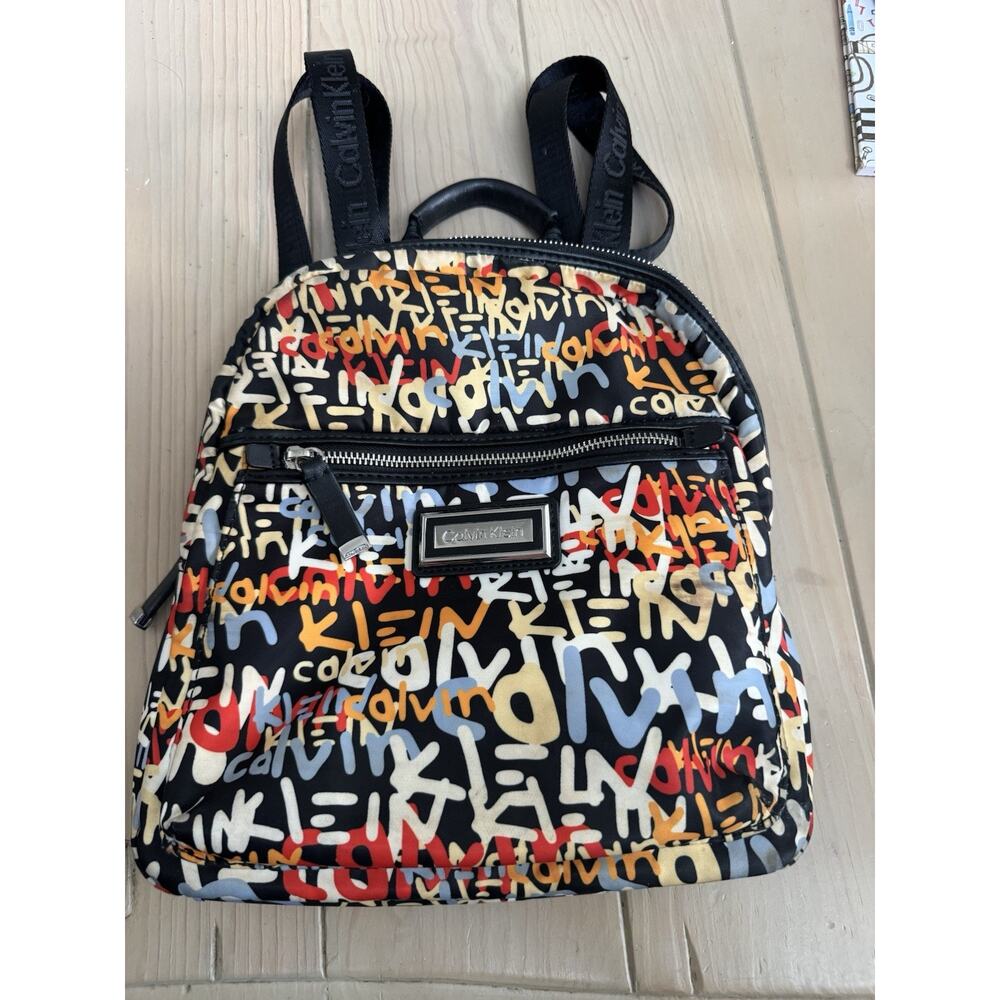 Calvin Klein Graffiti Logo Mini Backpack Purse Black Multicolor Nylon Bag - Picture 2 of 7